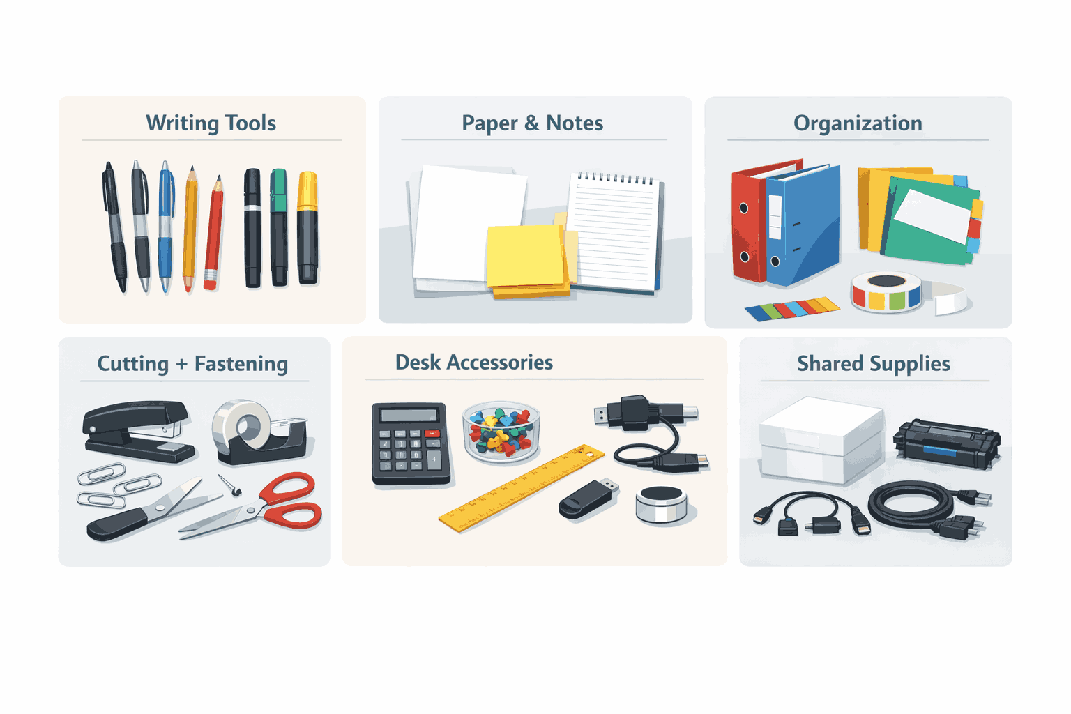 Office stationery checklist visual with grouped essential supply types