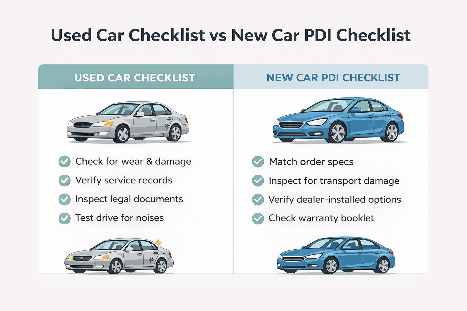 Used car checklist vs new car PDI comparison with key differences