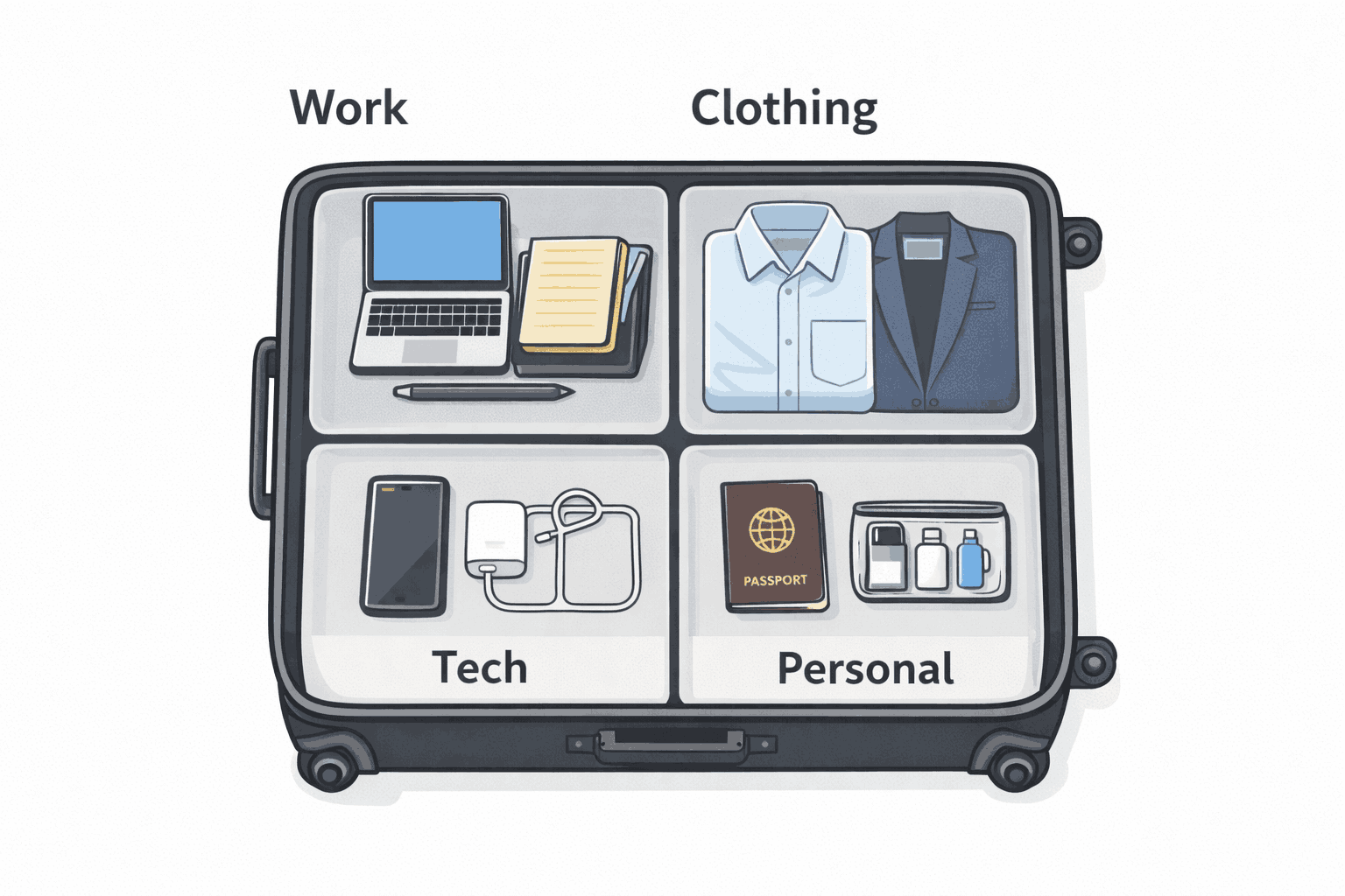 Business trip packing list categories overview business trip packing list showing work, clothing, tech, and personal categories