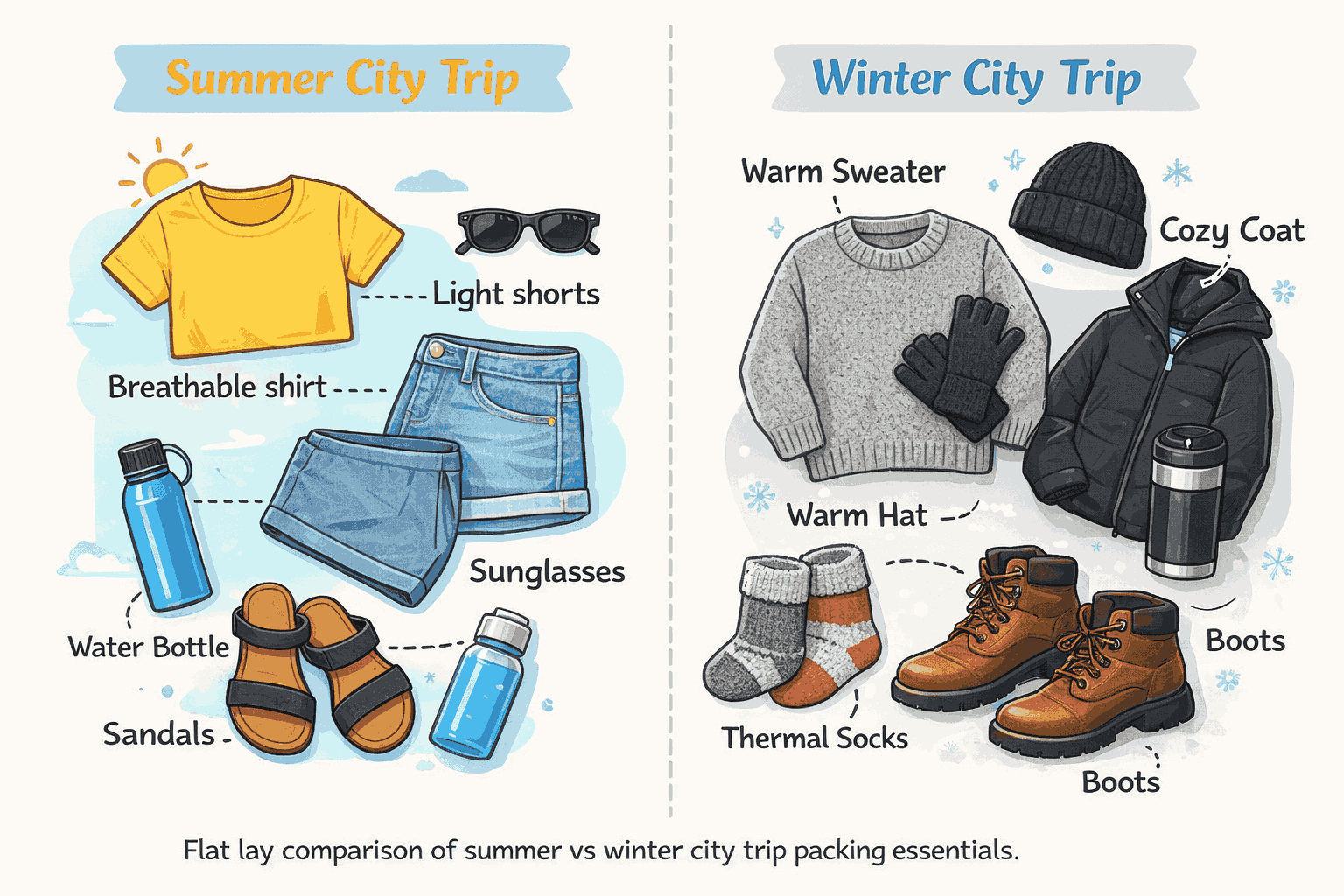 City trip packing essentials: summer vs winter comparison Summer vs winter city trip packing essentials comparison: breathable shirts, shorts, sandals, sunglasses, and water bottle for summer; warm sweater, coat, boots, hat, gloves, and thermal socks for winter