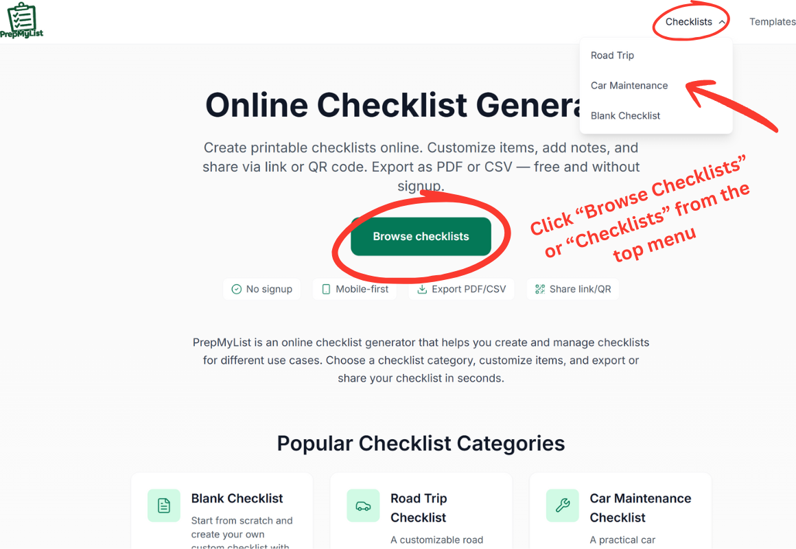 Screenshot showing Road Trip and Car Maintenance checklist options